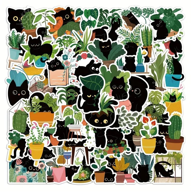 Cute Cat & Plants Stickers - 60 Pcs
