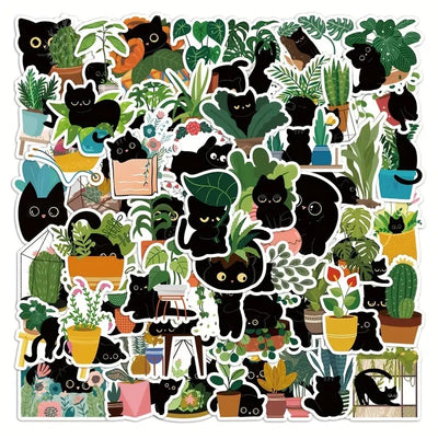 Cute Cat & Plants Stickers - 60 Pcs