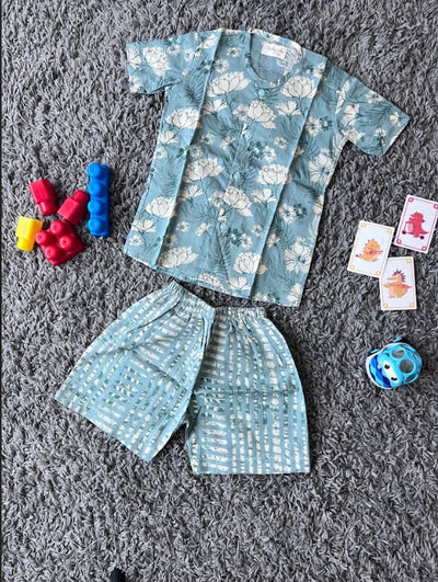 Boys cotton Green Floral print set