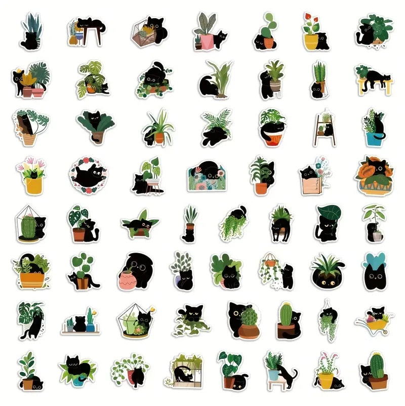 Cute Cat & Plants Stickers - 60 Pcs