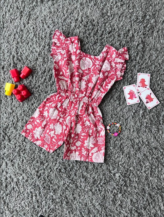 Girls Cotton Red floral Jumpsuit
