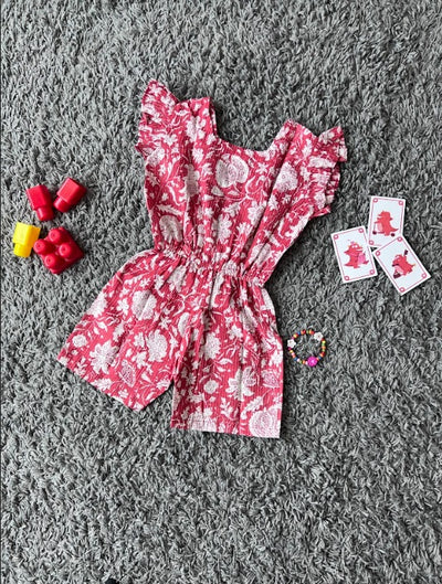 Girls Cotton Red floral Jumpsuit