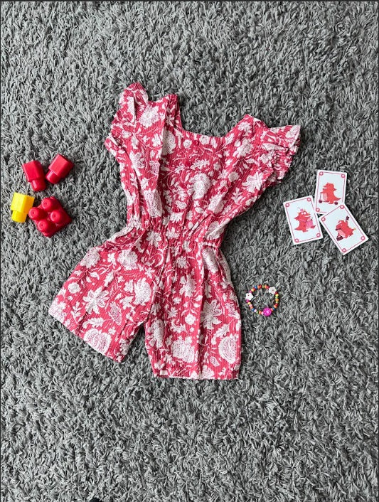 Girls Cotton Red floral Jumpsuit