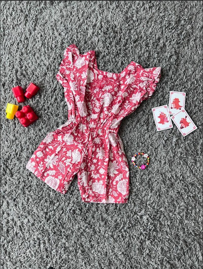 Girls Cotton Red floral Jumpsuit