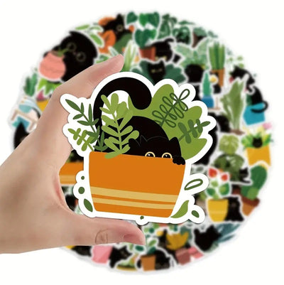 Cute Cat & Plants Stickers - 60 Pcs
