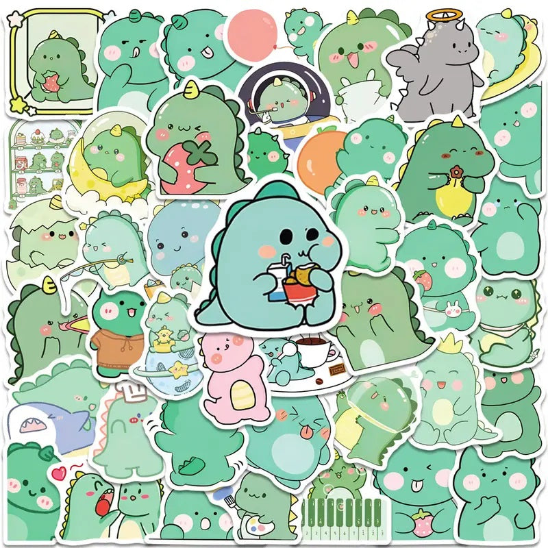 Green Dinosaur Stickers - 50 Pcs