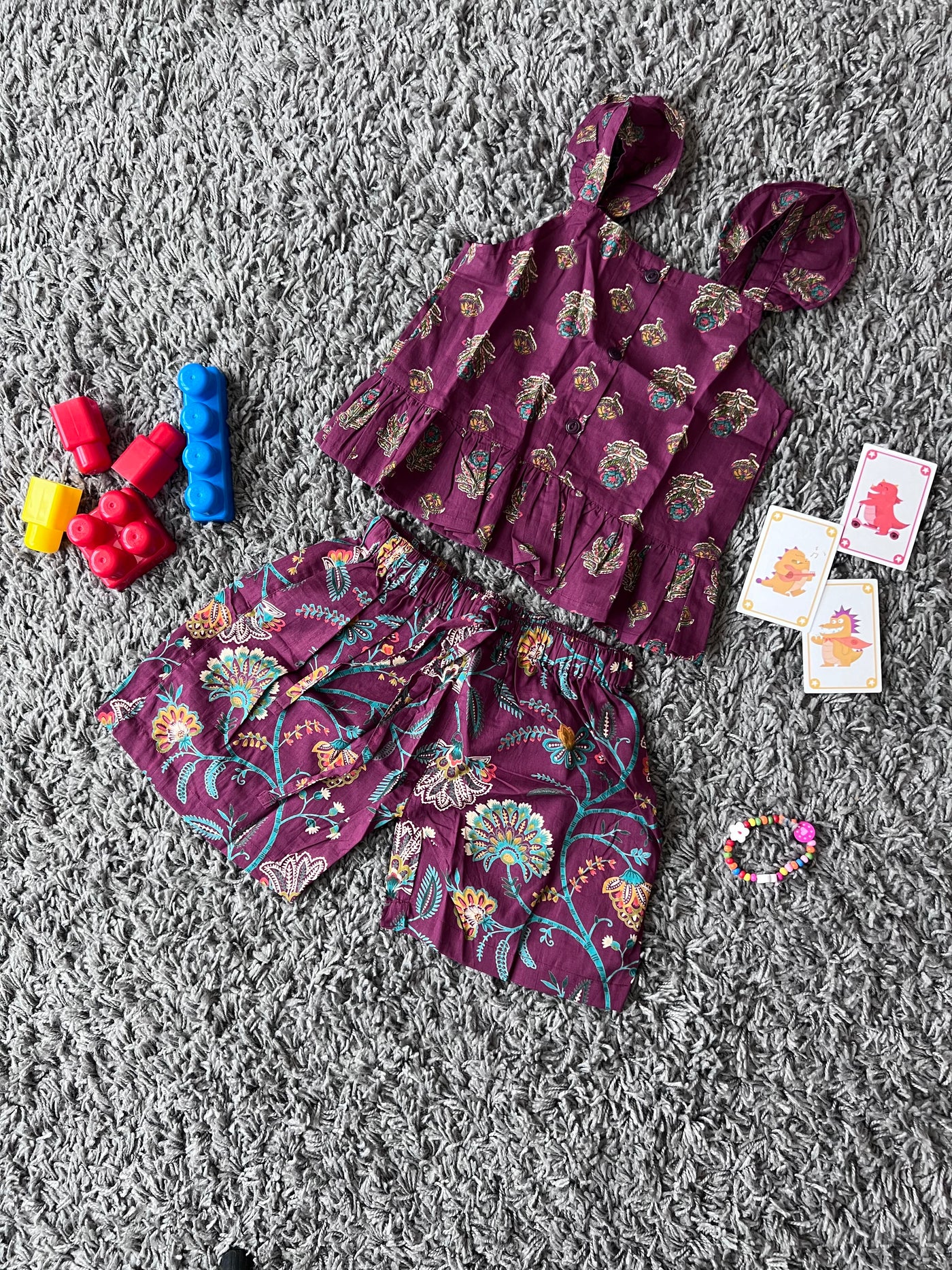 Girls Cotton Deep purple floral crop top set