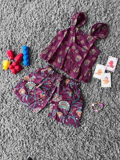 Girls Cotton Deep purple floral crop top set