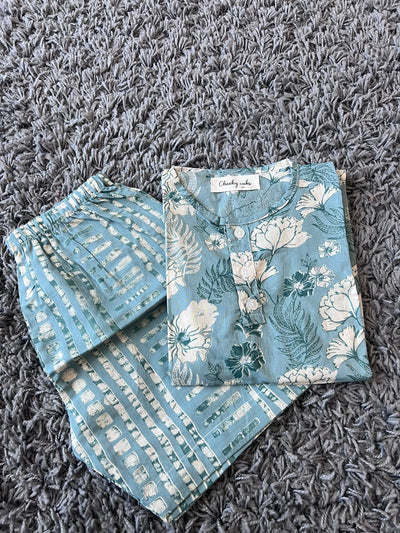 Boys cotton Green Floral print set