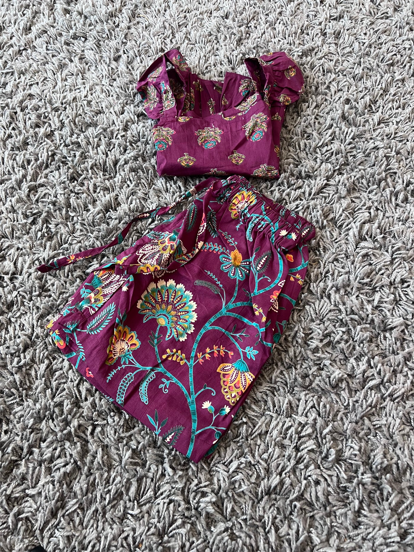 Girls Cotton Deep purple floral crop top set