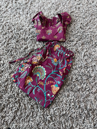 Girls Cotton Deep purple floral crop top set